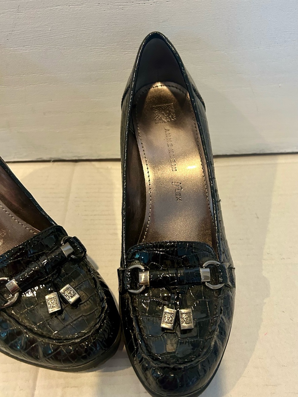 Anne Klein Black Croc-Embossed Heel Pumps with Buckle - Picture 2 of 4